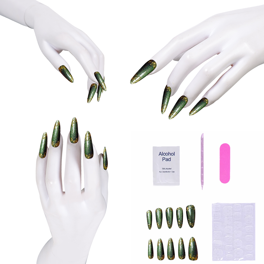 Nail Art Press On - Kuku Palsu Hijau dengan Aksen Emas