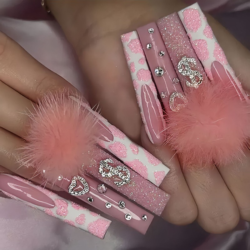 Nail Art Pink - 24 buah ekstra panjang persegi Tekan